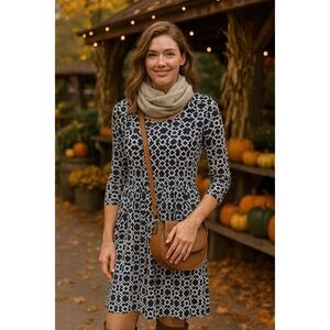 J.McLaughlin XS black white geo print stretch knit dress pockets nylon spandex